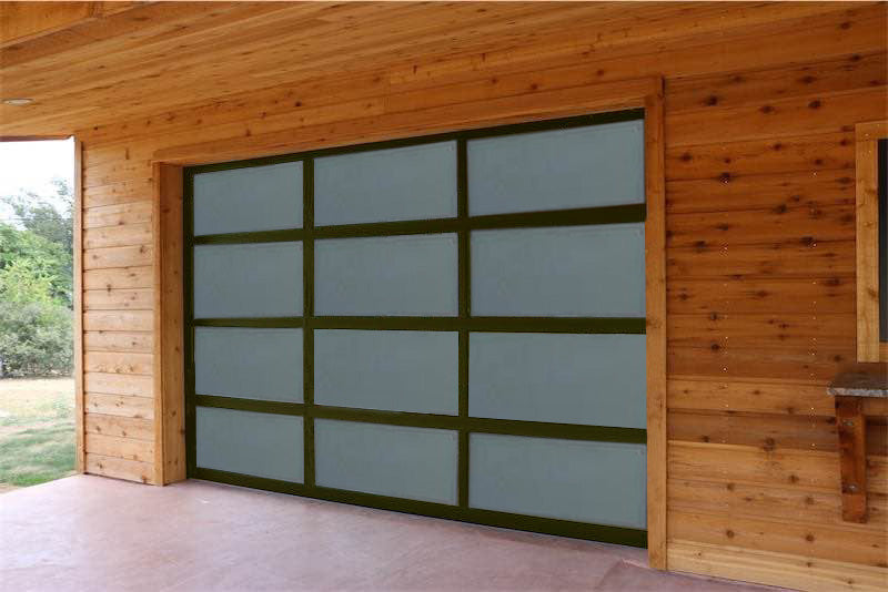 Rustic wooden garage with a contemporary frosted glass garage door, seamlessly integrating modern design with traditional architecture