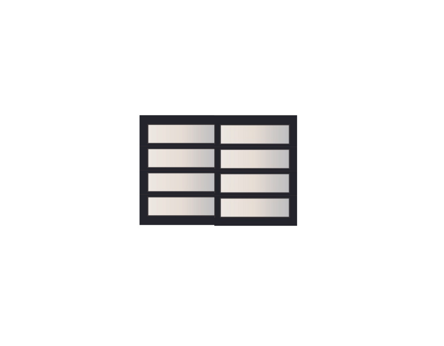 Vector illustration of a modern garage door with four horizontal and two vertical sections, featuring frosted glass panels encased in a sleek black frame, ideal for contemporary architectural designs
