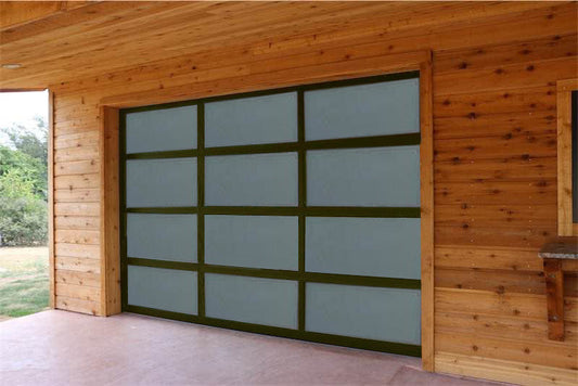 Rustic wooden garage with a contemporary frosted glass garage door, seamlessly integrating modern design with traditional architecture