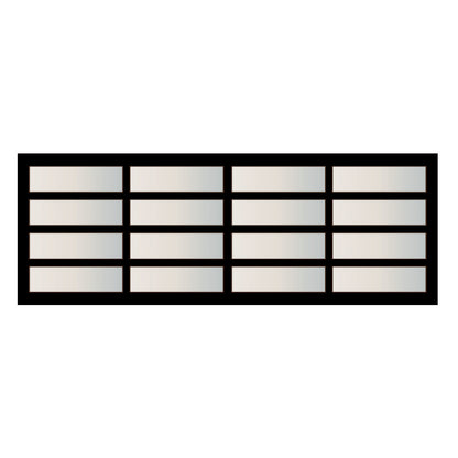 Vector illustration of a modern garage door with four horizontal and four vertical sections, featuring frosted glass panels encased in a sleek black frame, ideal for contemporary architectural designs