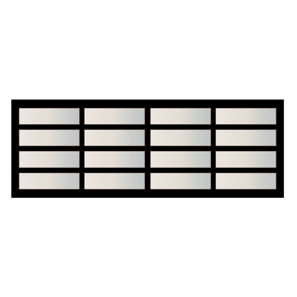 Sleek black frame garage door featuring four horizontal panels and four vertical frosted glass sections, providing a modern and minimalist design suitable for contemporary homes