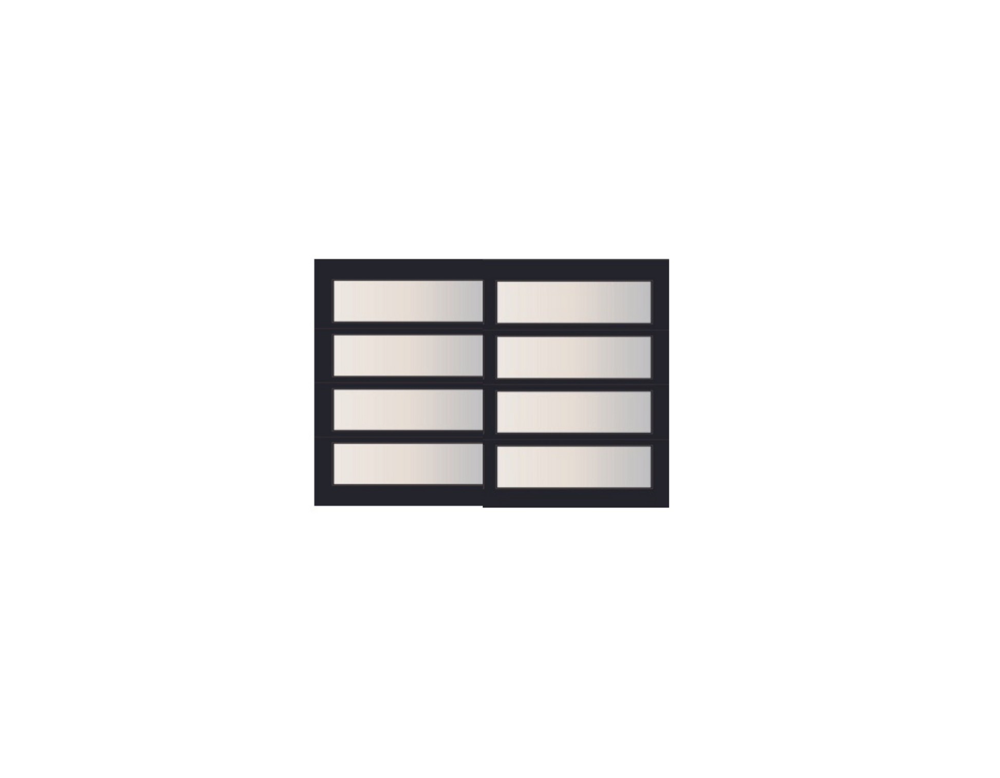 Vector illustration of a modern garage door with four horizontal and two vertical sections, featuring frosted glass panels encased in a sleek black frame, ideal for contemporary architectural designs